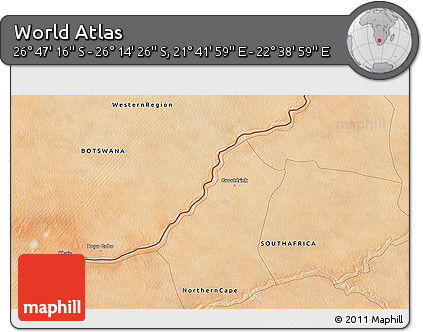 Satellite 3D Map of the Area around 26° 30' 51" S, 22° 10' 29" E