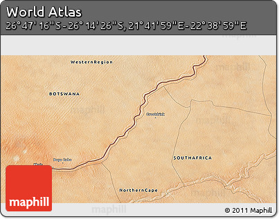 Satellite 3D Map of the Area around 26° 30' 51" S, 22° 10' 29" E