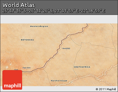 Satellite 3D Map of the Area around 26° 30' 51" S, 22° 10' 29" E
