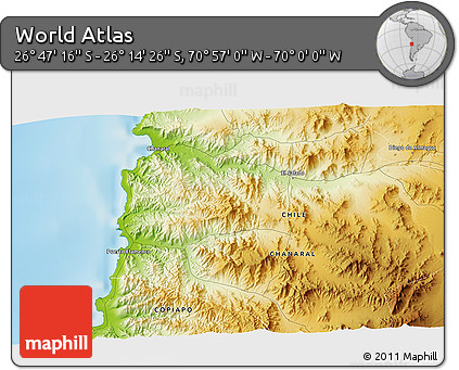 Physical 3D Map of the Area around 26° 30' 51" S, 70° 28' 29" W