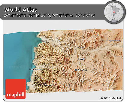 Satellite 3D Map of the Area around 26° 30' 51" S, 70° 28' 29" W