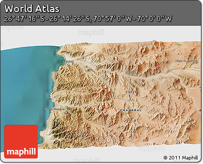 Satellite 3D Map of the Area around 26° 30' 51" S, 70° 28' 29" W