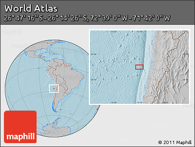 Gray Location Map of the Area around 26° 30' 51" S, 72° 10' 30" W, hill shading