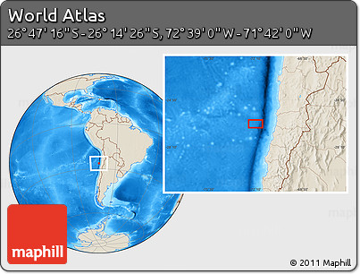 Shaded Relief Location Map of the Area around 26° 30' 51" S, 72° 10' 30" W