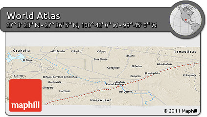 Shaded Relief Panoramic Map of the Area around 27° 19' 44" N, 100° 13' 29" W