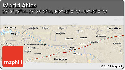 Shaded Relief Panoramic Map of the Area around 27° 19' 44" N, 100° 13' 29" W
