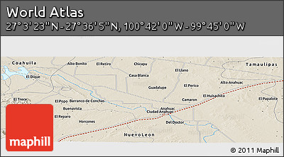 Shaded Relief Panoramic Map of the Area around 27° 19' 44" N, 100° 13' 29" W
