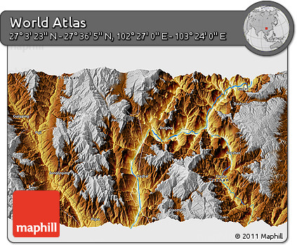 Physical 3D Map of the Area around 27° 19' 44" N, 102° 55' 30" E