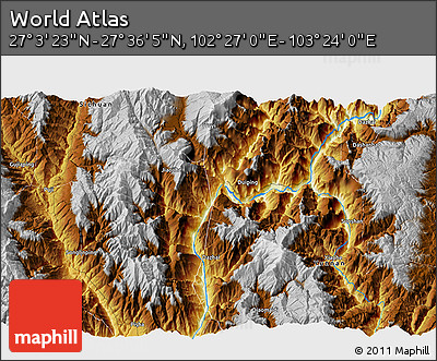 Physical 3D Map of the Area around 27° 19' 44" N, 102° 55' 30" E