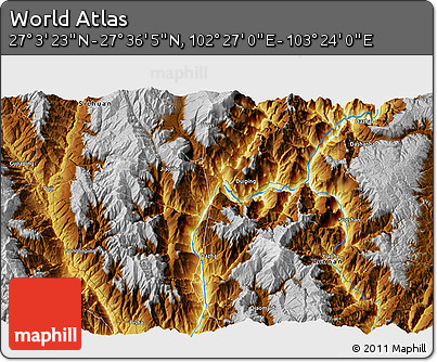 Physical 3D Map of the Area around 27° 19' 44" N, 102° 55' 30" E
