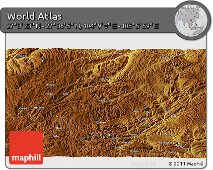 Physical 3D Map of the Area around 27° 19' 44" N, 104° 37' 30" E