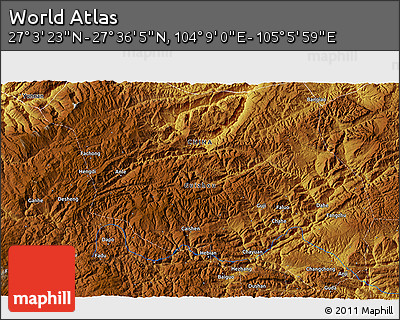 Physical 3D Map of the Area around 27° 19' 44" N, 104° 37' 30" E