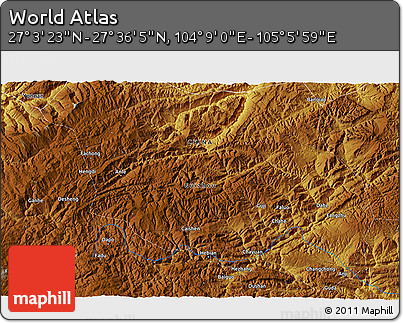 Physical 3D Map of the Area around 27° 19' 44" N, 104° 37' 30" E