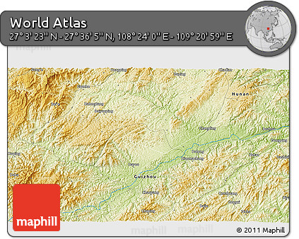 Physical 3D Map of the Area around 27° 19' 44" N, 108° 52' 30" E