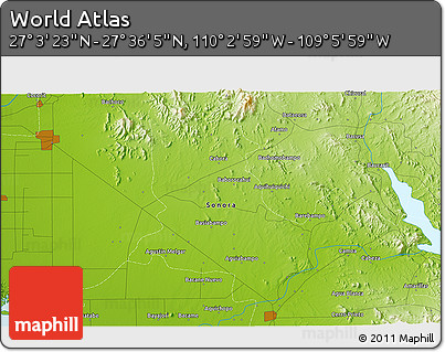 Physical 3D Map of the Area around 27° 19' 44" N, 109° 34' 29" W
