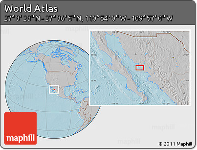 Gray Location Map of the Area around 27° 19' 44" N, 110° 25' 30" W, hill shading