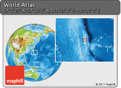 Physical Location Map of the Area around 27° 19' 44" N, 142° 1' 30" E