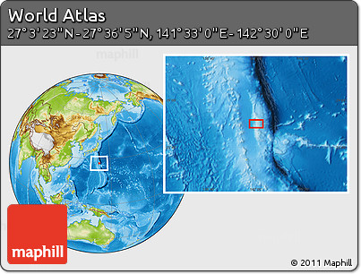 Physical Location Map of the Area around 27° 19' 44" N, 142° 1' 30" E