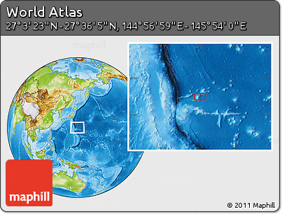 Physical Location Map of the Area around 27° 19' 44" N, 145° 25' 30" E