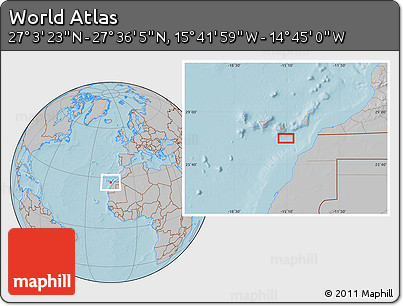 Gray Location Map of the Area around 27° 19' 44" N, 15° 13' 29" W, hill shading