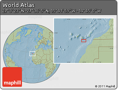 Savanna Style Location Map of the Area around 27° 19' 44" N, 15° 13' 29" W, hill shading