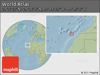 Savanna Style Location Map of the Area around 27° 19' 44" N, 15° 13' 29" W, hill shading