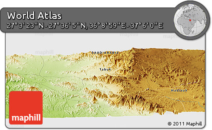 Physical Panoramic Map of the Area around 27° 19' 44" N, 36° 37' 30" E