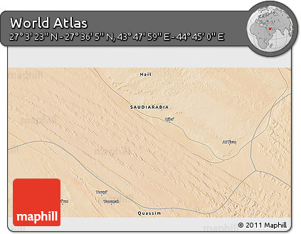 Satellite 3D Map of the Area around 27° 19' 44" N, 44° 16' 29" E