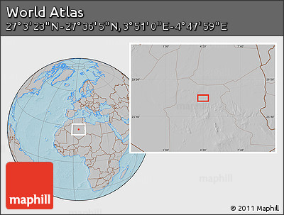 Gray Location Map of the Area around 27° 19' 44" N, 4° 19' 30" E, hill shading