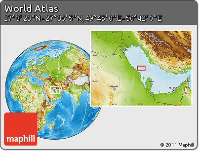 Physical Location Map of the Area around 27° 19' 44" N, 50° 13' 30" E