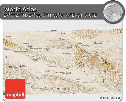 Satellite 3D Map of the Area around 27° 19' 44" N, 53° 37' 30" E