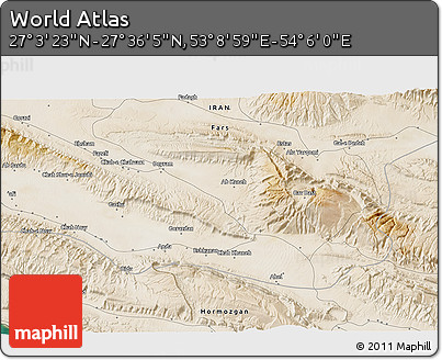 Satellite 3D Map of the Area around 27° 19' 44" N, 53° 37' 30" E