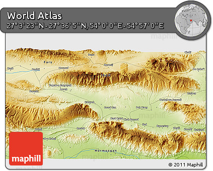 Physical 3D Map of the Area around 27° 19' 44" N, 54° 28' 30" E
