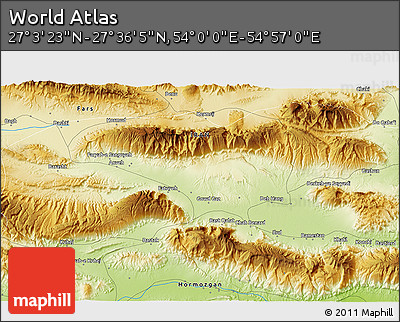 Physical 3D Map of the Area around 27° 19' 44" N, 54° 28' 30" E