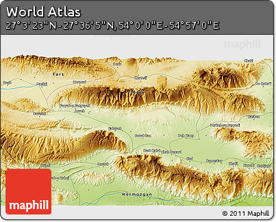 Physical 3D Map of the Area around 27° 19' 44" N, 54° 28' 30" E