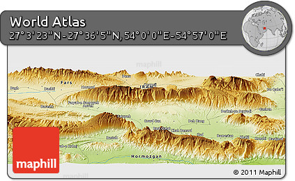 Physical Panoramic Map of the Area around 27° 19' 44" N, 54° 28' 30" E