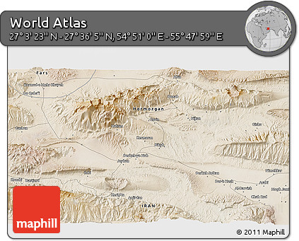 Satellite 3D Map of the Area around 27° 19' 44" N, 55° 19' 30" E