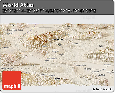 Satellite 3D Map of the Area around 27° 19' 44" N, 55° 19' 30" E