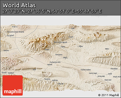 Satellite 3D Map of the Area around 27° 19' 44" N, 55° 19' 30" E