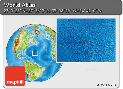 Physical Location Map of the Area around 27° 19' 44" N, 55° 10' 29" W
