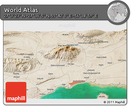 Satellite 3D Map of the Area around 27° 19' 44" N, 56° 10' 29" E