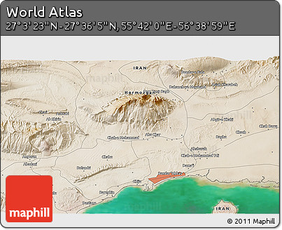 Satellite 3D Map of the Area around 27° 19' 44" N, 56° 10' 29" E