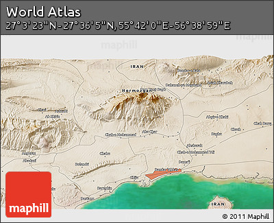 Satellite 3D Map of the Area around 27° 19' 44" N, 56° 10' 29" E