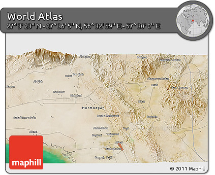 Satellite 3D Map of the Area around 27° 19' 44" N, 57° 1' 29" E
