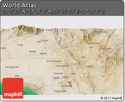 Satellite 3D Map of the Area around 27° 19' 44" N, 57° 1' 29" E