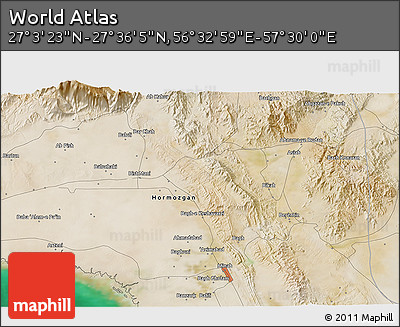 Satellite 3D Map of the Area around 27° 19' 44" N, 57° 1' 29" E