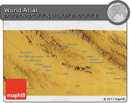 Physical 3D Map of the Area around 27° 19' 44" N, 62° 7' 30" E