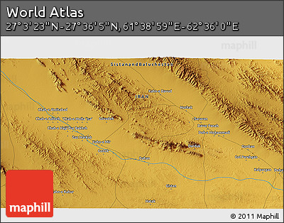 Physical 3D Map of the Area around 27° 19' 44" N, 62° 7' 30" E