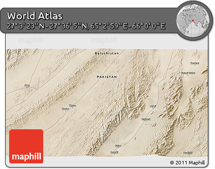 Satellite 3D Map of the Area around 27° 19' 44" N, 65° 31' 30" E