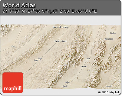 Satellite 3D Map of the Area around 27° 19' 44" N, 65° 31' 30" E